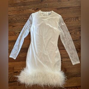 White lace long sleeve mini dress with feather trim! CLUB LONDON!